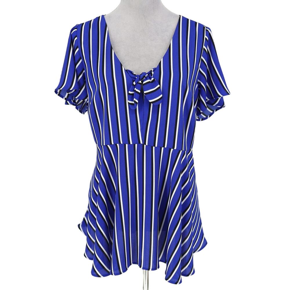 Torrid Top 0 Womens Large Blue Black White Stripe Peplum Blouse Bow Career